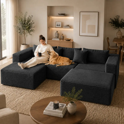 【2 Packages Shipping】Oversized Corduroy Cloud Modular Sectional Sofa, Vacuum Compressed Pet Friendly Boneless Cloud Couch, Cozy Comfy Loveseat Sofa, Ideal for Living Room & Small Apartment, Free Gifts Included, Summer Vibe Home Furniture